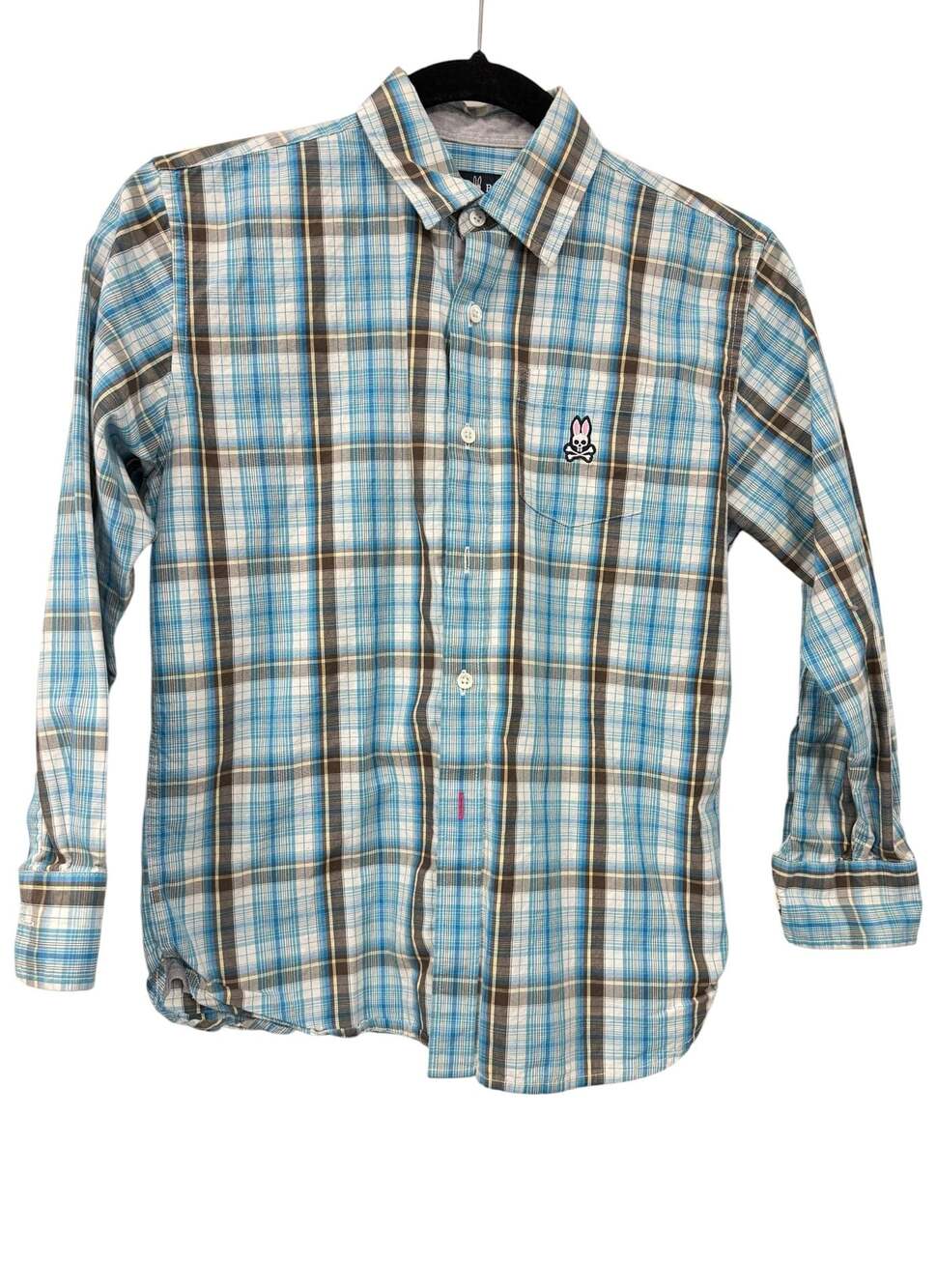 Psycho Bunny Boys Plaid Button Down Shirt Blue Brown Size L/14-16